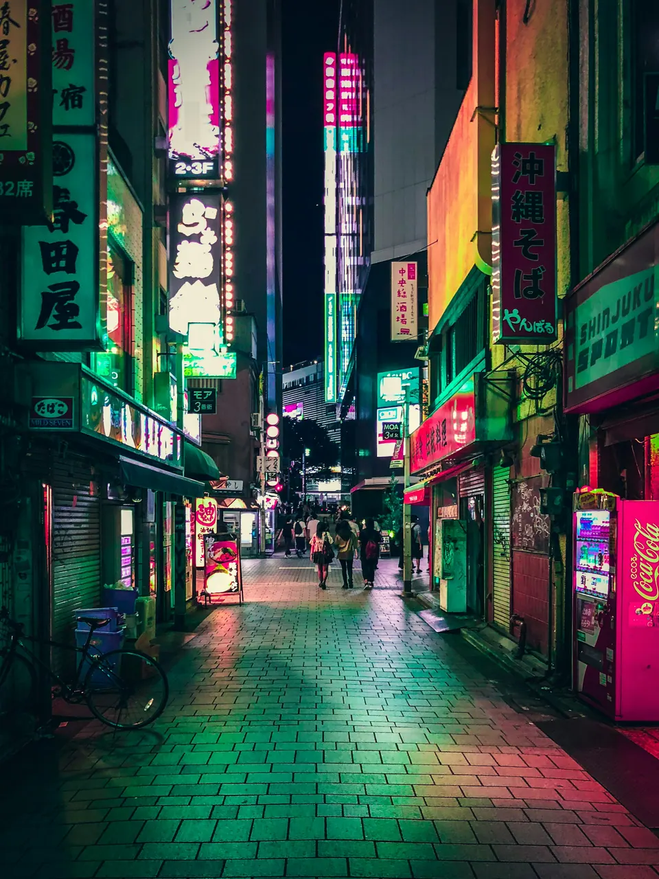 Tiled alley washed in green light, bicycles parked along the shuttered fronts