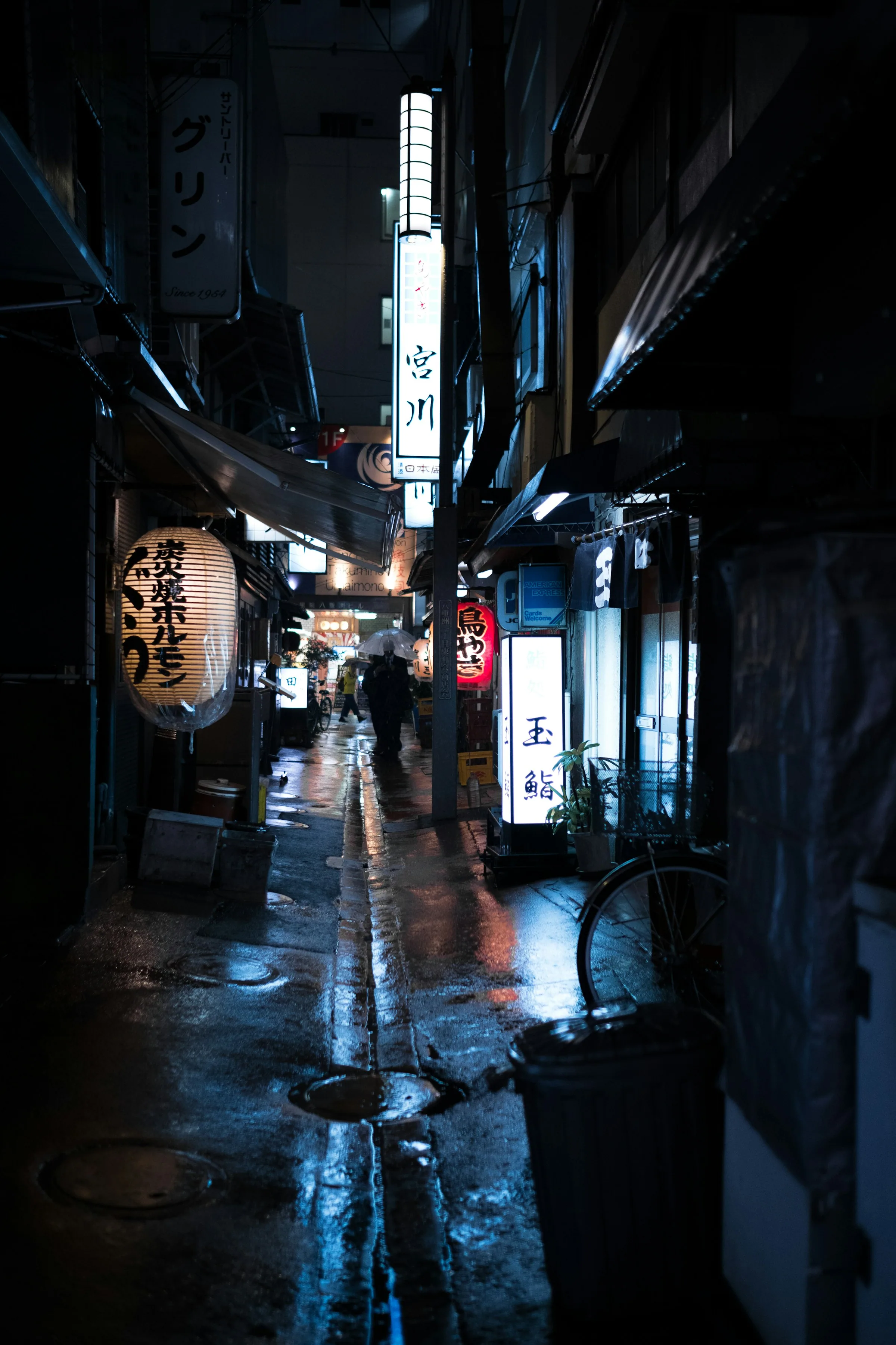 Narrow alley hung with paper lanterns, a single figure walking away from the camera